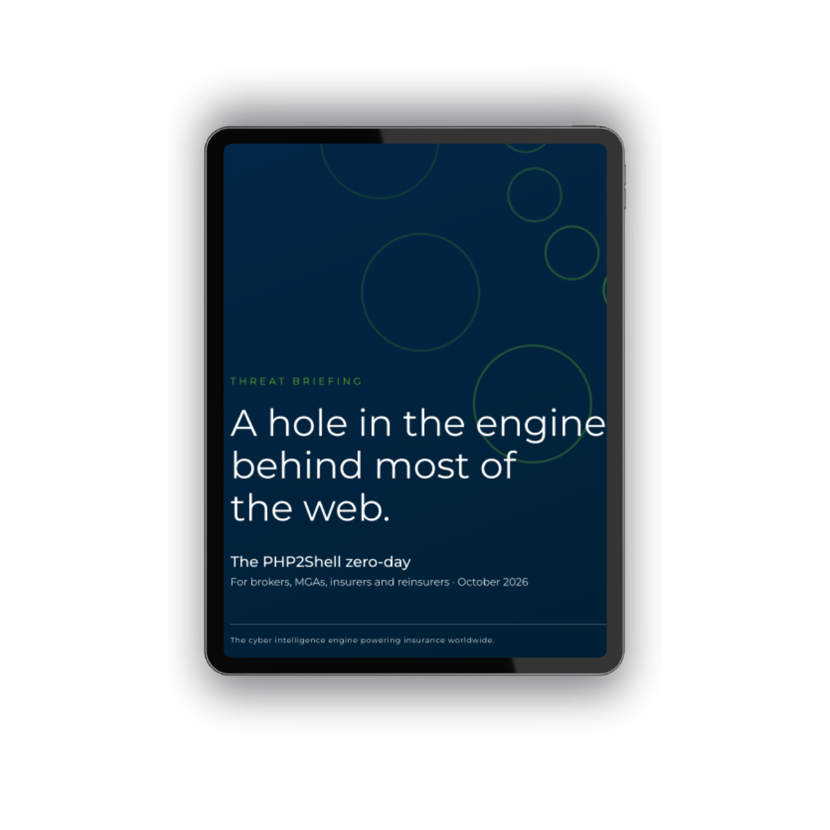 Cover of DynaRisk's PHP2Shell zero-day threat briefing, displayed on a tablet