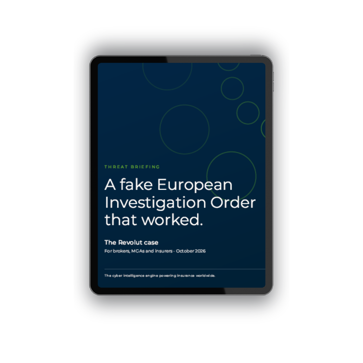 Cover of DynaRisk's fake European Investigation Order threat briefing, displayed on a tablet