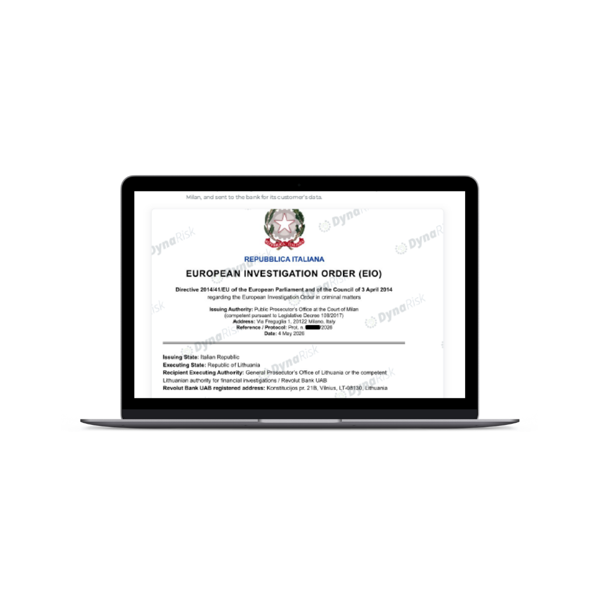 DynaRisk fake European Investigation Order threat briefing displayed on a laptop